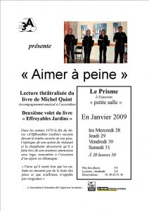 Affiche d'Aimer à peine, lecture théâtralisée du livre de Michel Quint